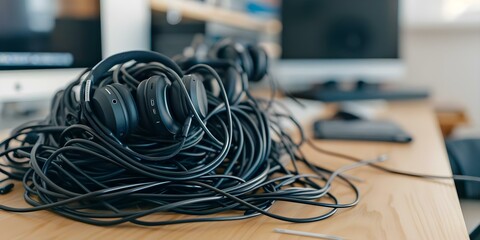 Messy pile of earbud cords and headphones on cluttered desk. Concept Desk organization, Electronic accessories, Tangled cords, Messy workspace