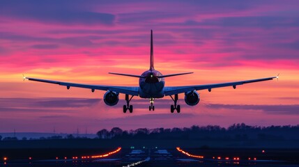 Airplane landing at sunset on runway. Concepts. travel, aviation, transportation, departure, arrival