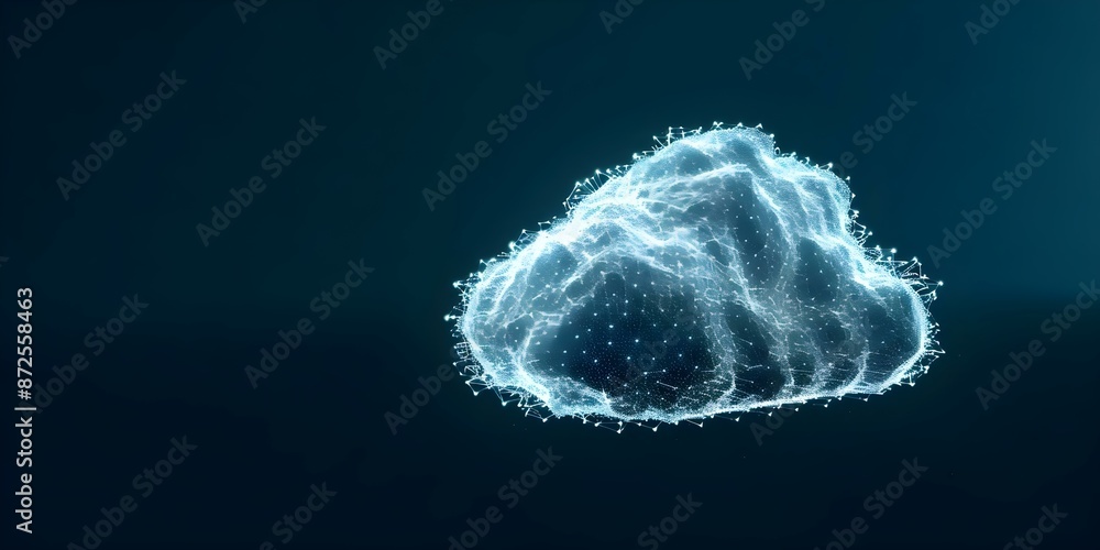 Poster exploring cloud mining and investment technology through digital low poly wireframe illustration. co