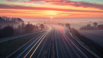 A highway with long exposures at sunset.