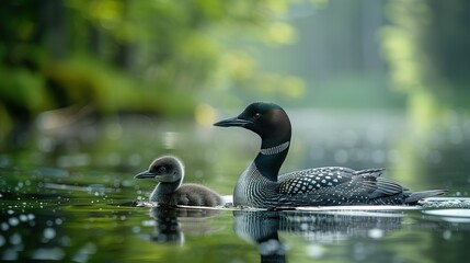 Obraz premium Tranquil Moments: Parent Loon and Chick with Space for Text