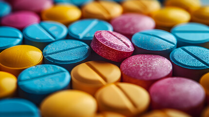 Diverse collection of colorful medication pills capsules and tablets arranged in a close up composition with shallow depth of field crisp highlights and shadows and a blurred organic backdrop