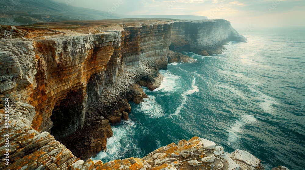 Poster a steep cliffside with visible layers of rock and soil eroded away, with sediment falling into the s