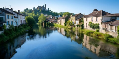 Obraz premium Serene River Passing Through Charming Village with Historic Stone Houses and Castle. Concept Riverside, Charming Village, Stone Houses, Historic Castle