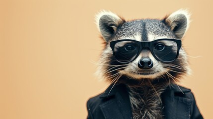 Fototapeta premium A raccoon in a suit and sunglasses stares intently at the camera. The raccoon has a serious expression on its face, making it look like a businessman.