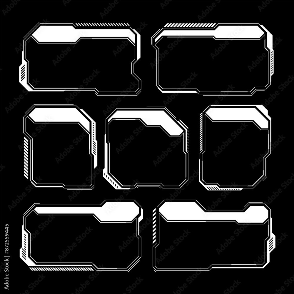 Poster White futuristic HUD, UI elements. Sci-fi user interface text boxes, callouts. Warning message frames, information boxes template. Modern game interface layout in digital style. Vector illustration