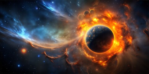 Obraz premium A swirling nebula bathes a distant planet in its ethereal glow, while a mighty star blazes in the vastness of space