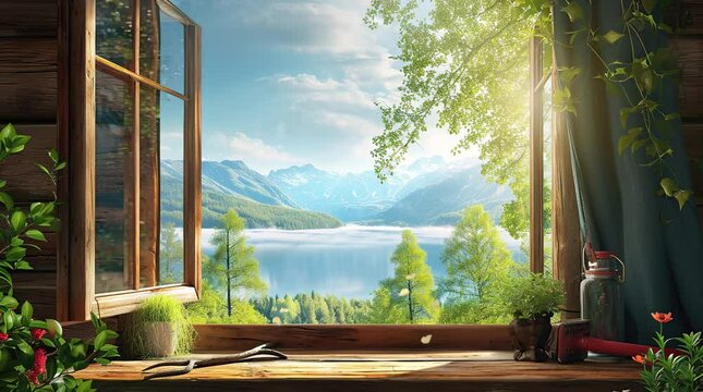 Room window with a view of the sunny ocean landscape, capturing the tranquility of coastal living
 Seamless looping 4k time-lapse virtual video animation background. Generated AI