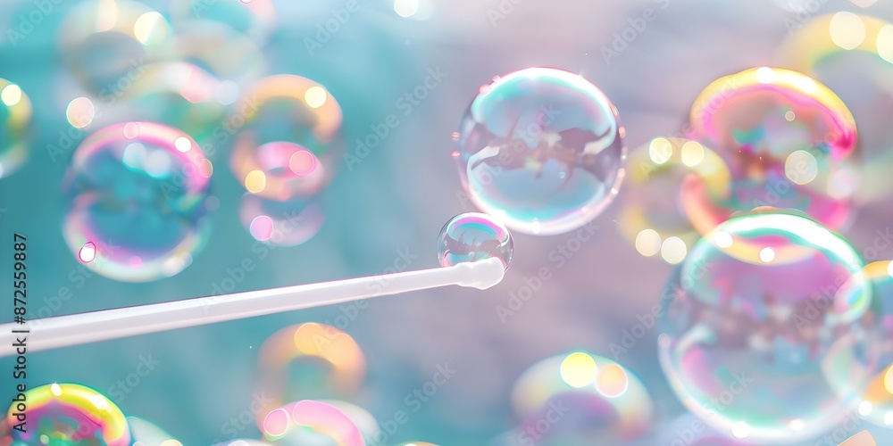 Poster bubble wand closeup dipped in soapy solution with floating bubbles. concept closeup photography, soa