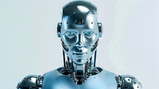A robot with a silver face and blue eyes.