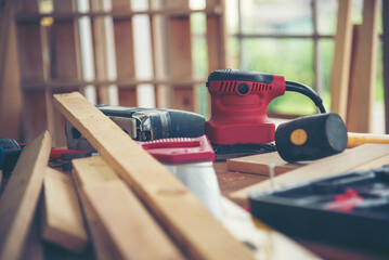 DIY craftsperson wood heap carpenter objects woodwork handyman desk. Architect tools with ruler...