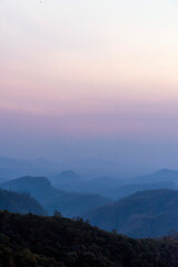 Vertical Beautiful Mountain landscape foggy windy mountain range green landscape asian farm. Vertical Amazing Landscape mountain green field meadow white cloud blue sky sunrise. Countryside scenery