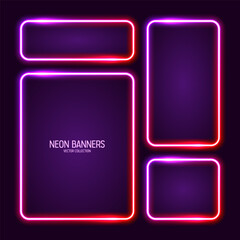 Glowing neon banners, illuminated colorful square frames. Shiny vibrant border, glow effect. Purple vintage retro lights, night illumination. Modern futuristic UI design elements. Vector illustration