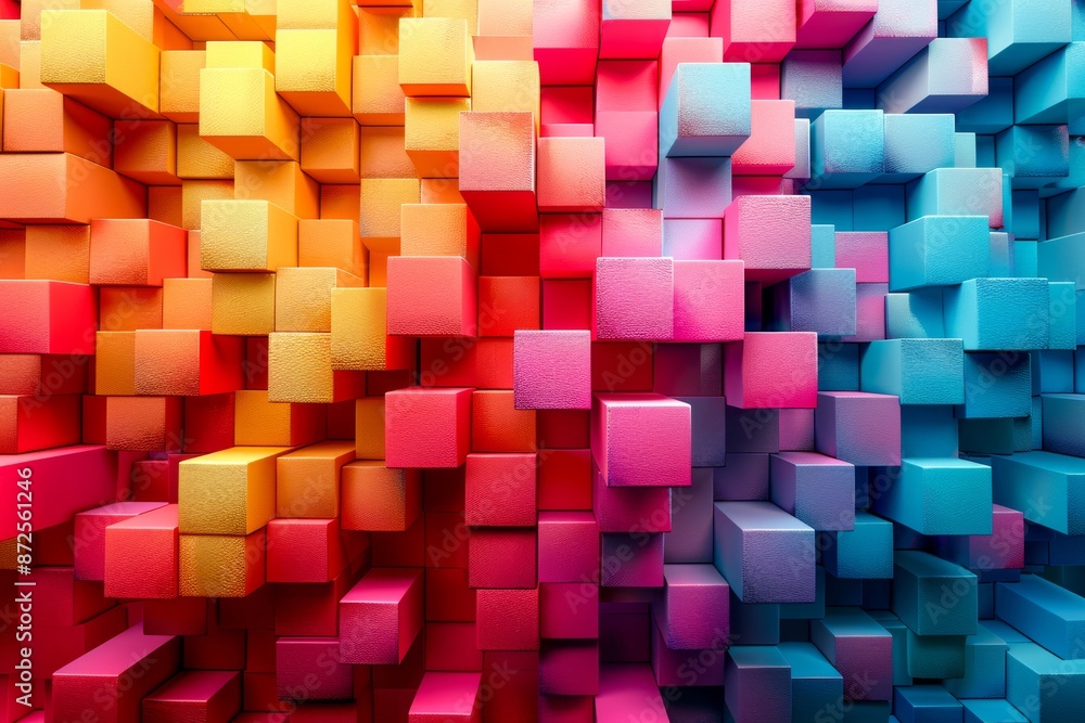 Poster a collection of 3d cubes in various colors and sizes, randomly distributed to create a dynamic look