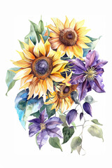 Sunflowers  bouquet isolated on white background. Watercolor hand drawn postcard illustration. Botanical concept