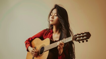 A woman in a red shirt is playing a guitar. Generate AI