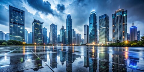 Reflected Skyscrapers in Wet Cityscape