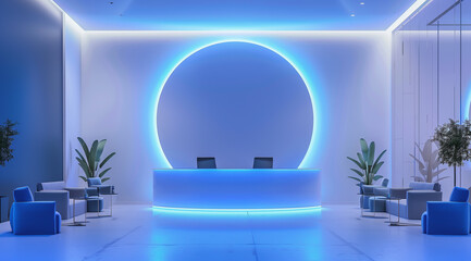 Beautiful Interior Futuristic Reception Desk with Blue Neon Lights in Modern Interior

of the Reception Area in an Office