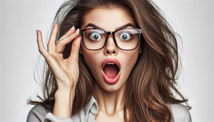 Surprised Woman with Glasses - Portrait of a surprised young woman with glasses. She looks directly at the camera with wide eyes and an open mouth, showing a classic surprised expression. - Portrait o