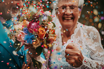 Senior couple renewing vows with confetti, celebrating love
