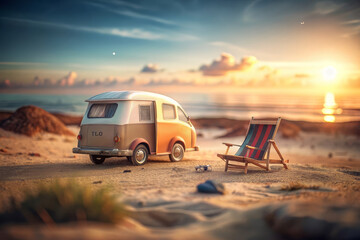 Sunset Beach Camping with a Vintage Camper Van - A vintage camper van parked on a sandy beach at sunset. A beach chair sits nearby inviting relaxation, creating a picture of tranquil camping. - A vint