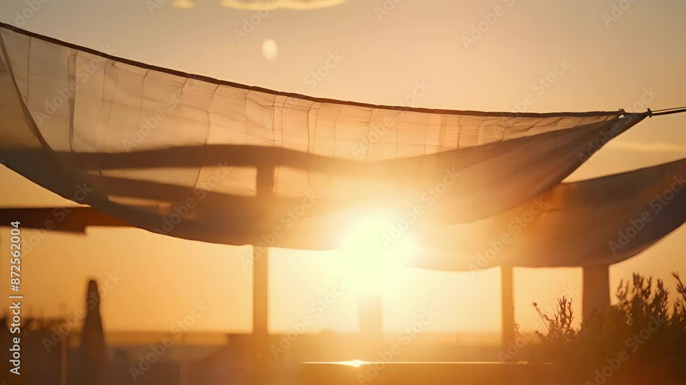 Poster the fabric on the rooftop bar catching the last rays of the setting sun creating a warm glow.