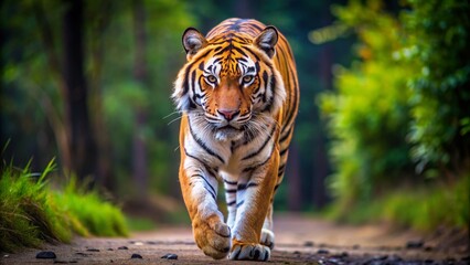 Tiger Walking on Path in Forest