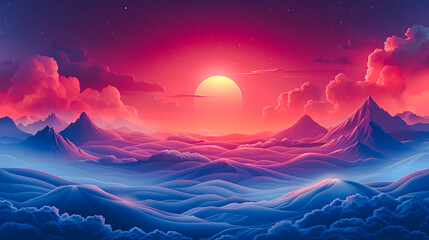 Enchanting Sky Dreamscape in Split-Complementary Colors - Fantasy Cartoon Illustration with Smooth Flat Design