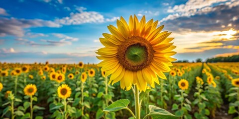 Fototapeta premium Sunflower Field at Sunset with Blue Sky