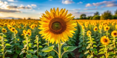 Obraz premium Sunflower Field at Sunset, Close-up Perspective of a Single Bloom, Vibrant Colors, Summer, Nature