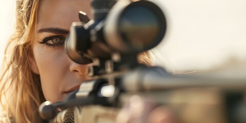 Woman instructs man on rifle use. Concept Firearm Safety, Shooting Techniques, Instructional Guidance, Target Practice, Rifle Training