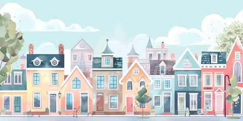 Fototapeta premium colorful cartoon illustration of a row of houses, generative AI
