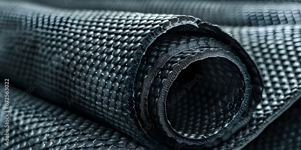 Poster enhancing depth and texture with black rolled-up rubber mats in the foreground. concept visual compo