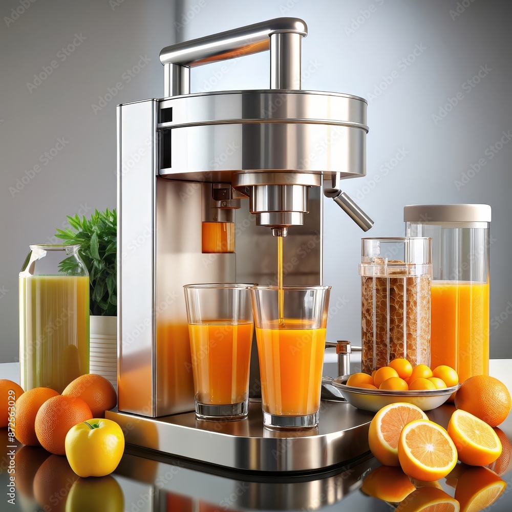 Poster Freshly Squeezed Juice with a Modern Juicer - A close-up of a modern, stainless steel juicer with freshly squeezed orange juice in glasses. The juicer has a sleek and contemporary design, and the fres