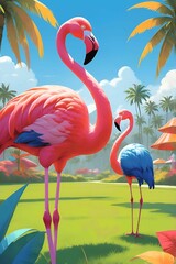 Obraz premium Flamingos birds standing under Palm Trees in the Rainy season cloud.