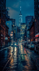 Obraz premium Nighttime Reflections in a Modern Urban Cityscape