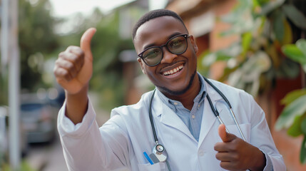 Doctor showing approval in front of structure