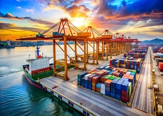 Naklejka premium Transportation Industry and Shipping Logistics Loading Dock Port Terminal of Forwarder, Containers Import and Export of Sea Freight Transport Industrial. Port Maritime and Harbor Container Cargo Ship