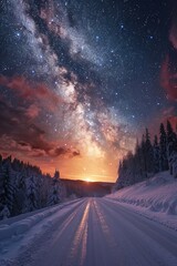 Naklejka premium Enchanting Winter Night in Lapland: A Serene Road Leading to the Horizon Under a Starry Milky Way Sky and Snow-Covered Forest