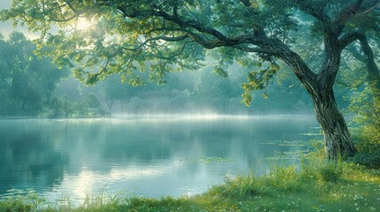 Fototapeta premium A tree is reflected in the water of a lake