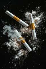 Cigarette sticks and cigarette powder scattered on a shiny black background.