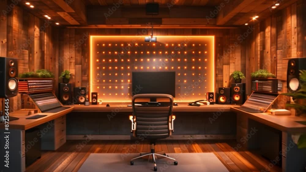 Poster this home recording studio with wooden walls and a lighted backdrop.