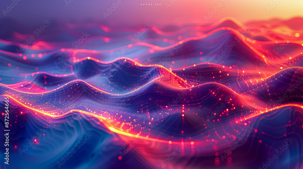 Poster Mesmerizing Otherworldly Terrain with Luminous Glowing Lines and Orbs in Muted Pastel Hues  This abstract digital landscape features a network of glowing lines and luminous orbs