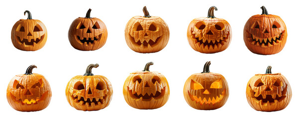 A diverse collection of ten intricately carved Jack O'Lanterns on a transparent background, perfect for Halloween decorations and themes
