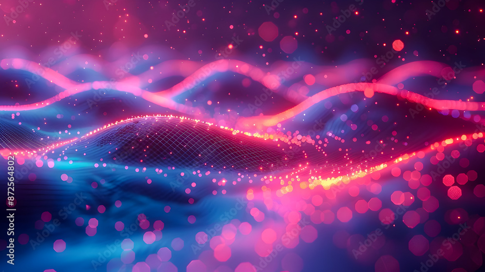 Poster mesmerizing undulating terrain of glowing lines and luminous orbs in retrofuturistic pastel dreamsca
