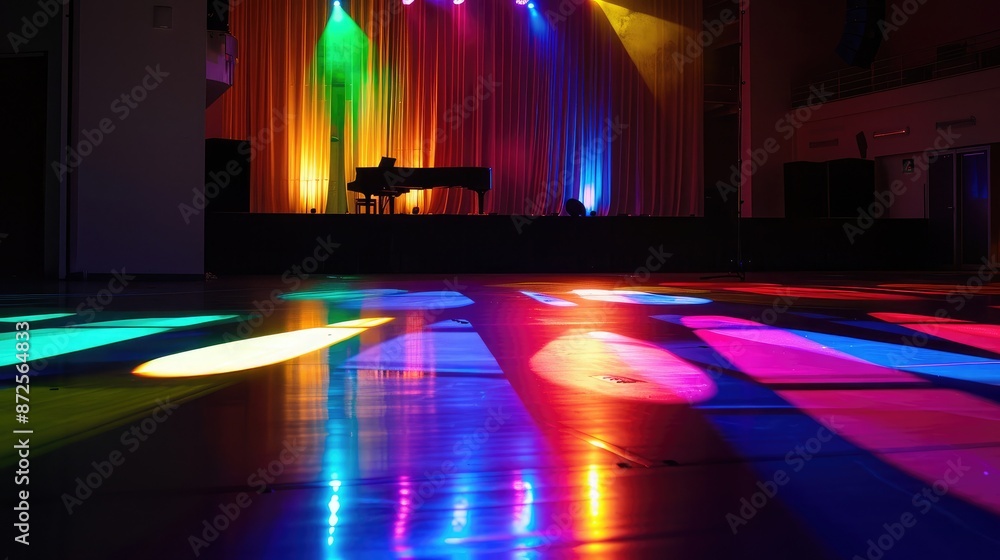 Poster a stage setup with multicolored lights casting reflections on the floor