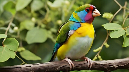 A Gouldian finch is perched on a tree branch with lots of green leaves, contrasting with the color of its wings