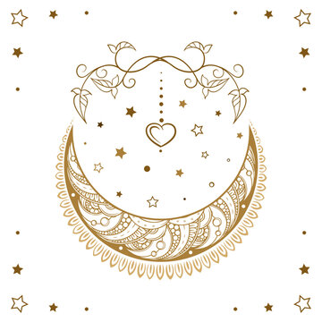 Bohemian Moon Star Mandala with floral details, ideal for astrology spiritual inspiration. Vector illustration.