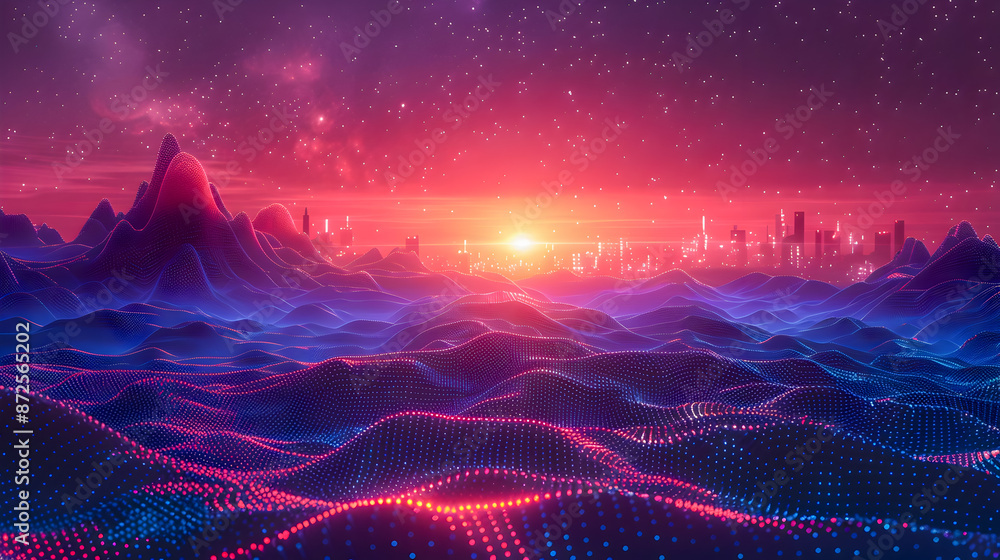 Poster futuristic abstract landscape with a network of glowing lines and luminous orbs forming a towering m