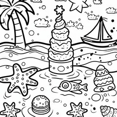 A Christmas tree, decorated with starfish, stands on a tropical island, surrounded by palm trees, seashells, and a sailboat in the distance